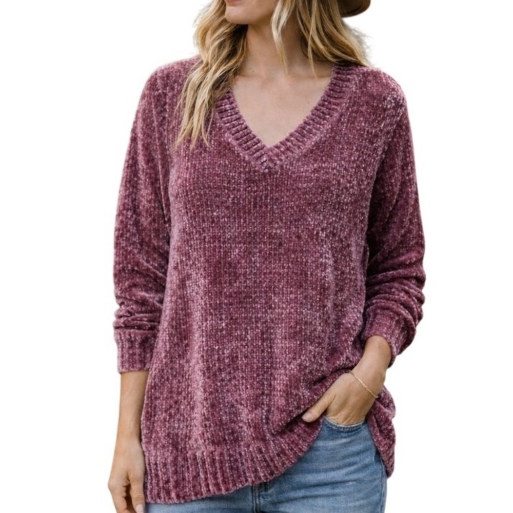 Orvis Small Mauve Purple Chenille Knit Vneck Cozy Sweater